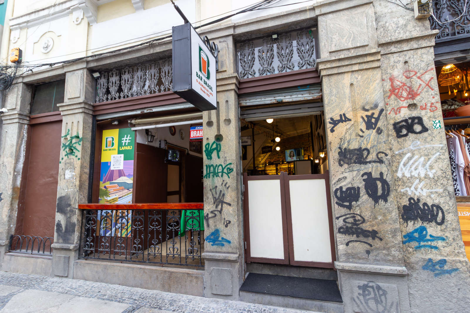 The entrance to Bar Brasil in a historic Lapa building