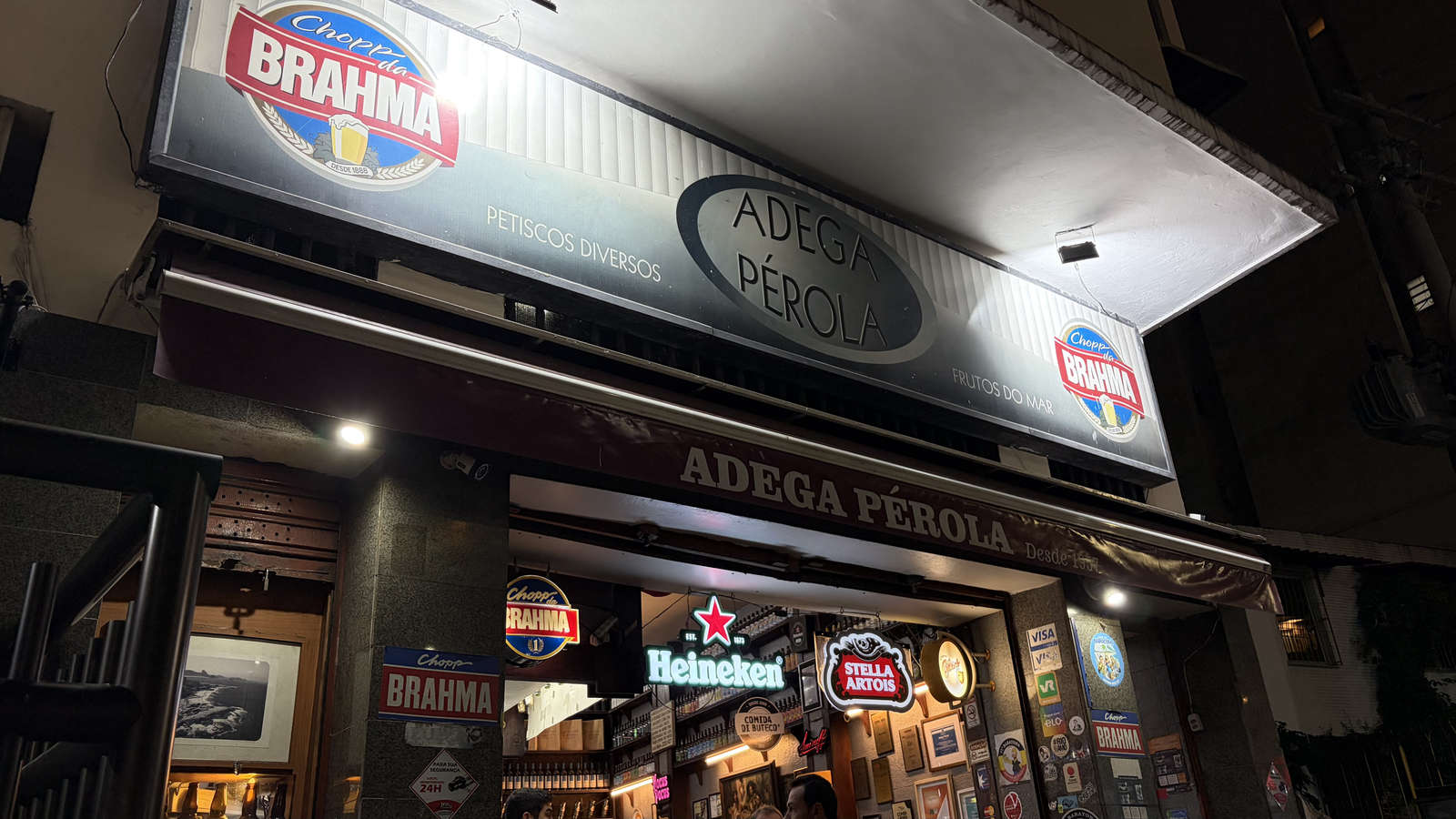 The exterior of Adega Pérola in Copacabana