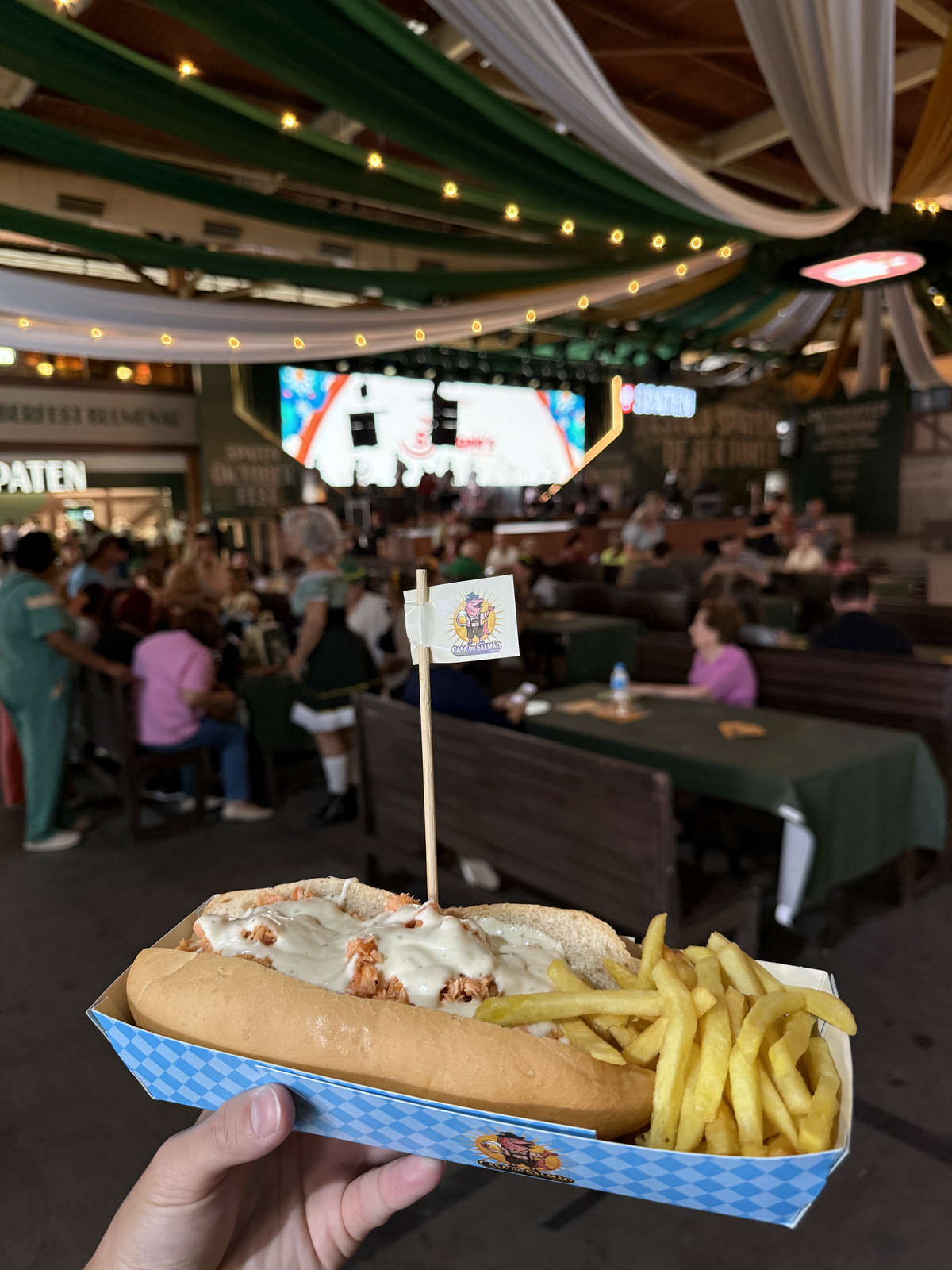 A salmon sandwich with fries at Oktoberfest Blumenau
