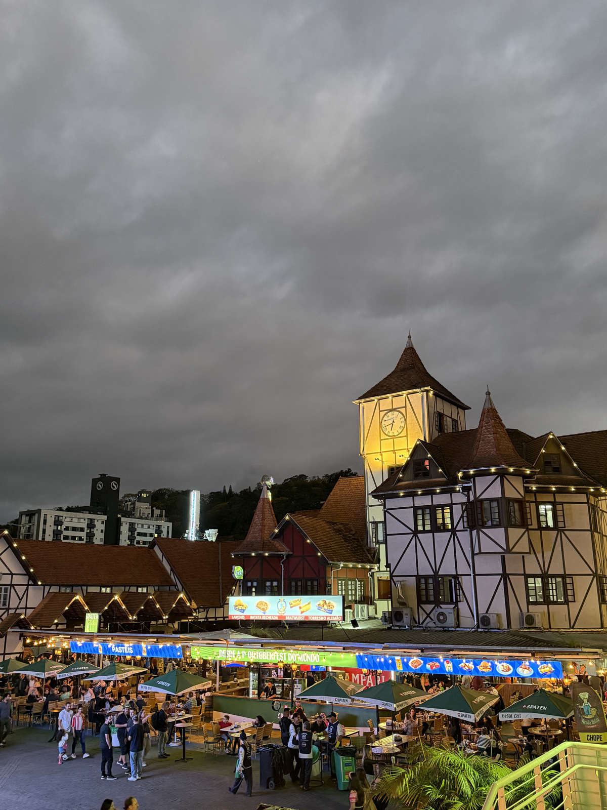 An evening view of Parque Vila Germânica during Oktoberfest Blumenau