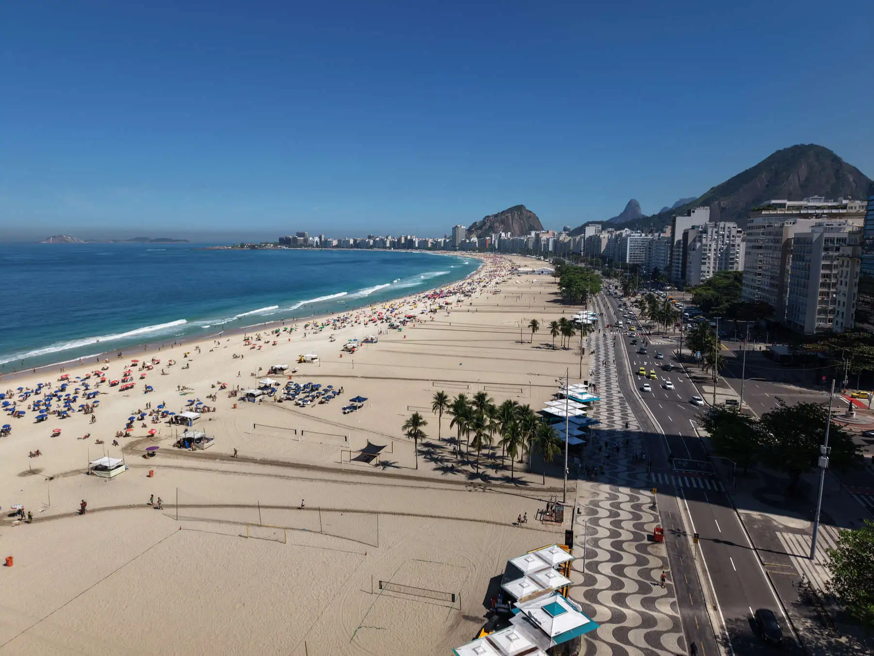 An aerial view of Copacabana Beach, the promenade, and Leme