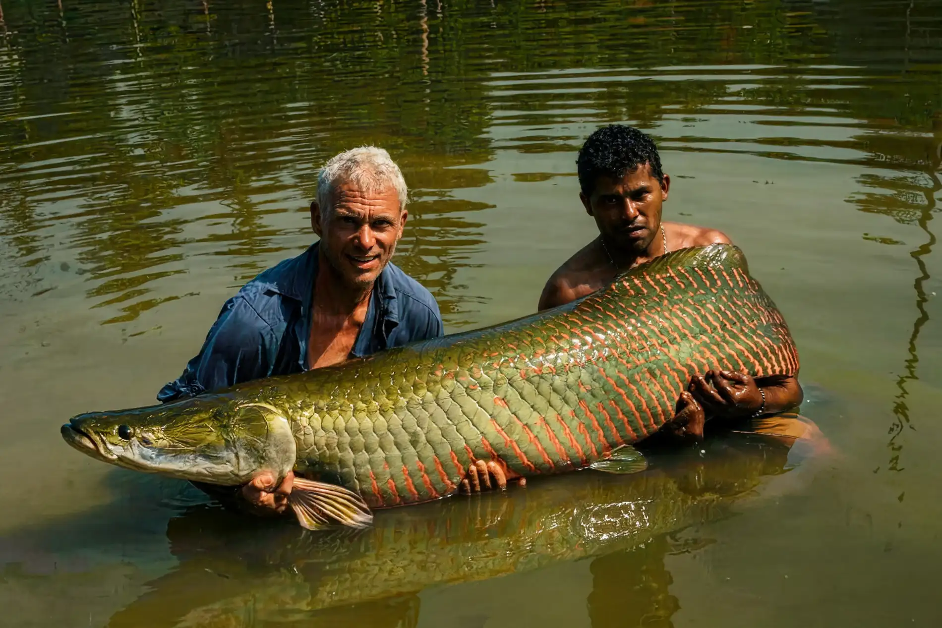 Two fishers holding a giant pirarucu in the water